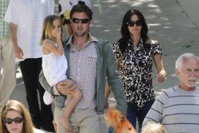 Courteney Cox, David Arquette, sunglasses, black and white print blouse, jeans, coco